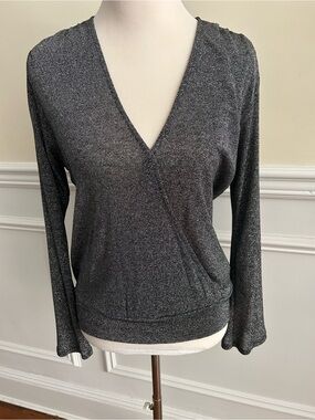 Veronica M. Sparkle Wrap V-Neck Long Sleeve Top - Metallic Charcoal size M